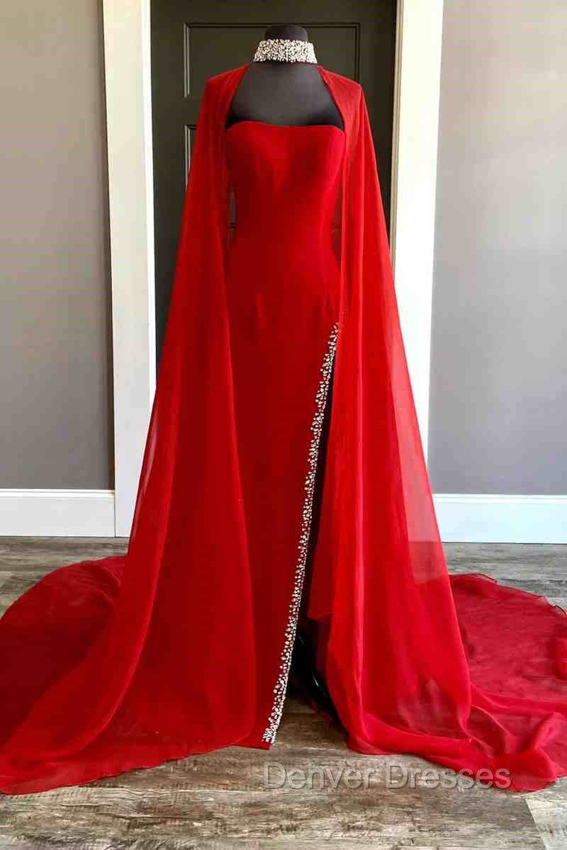 Strapless Beaded Side Slit Red Long Prom Dress With Cape
