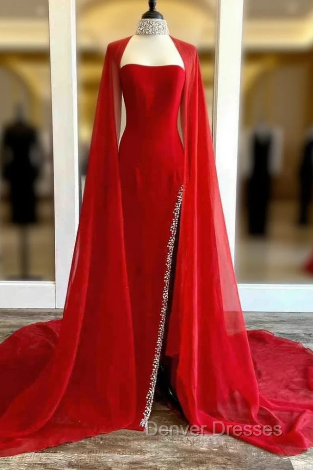 Strapless Beaded Side Slit Red Long Prom Dress With Cape