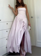 Strapless Black A Line Long Prom Dress With Slit
