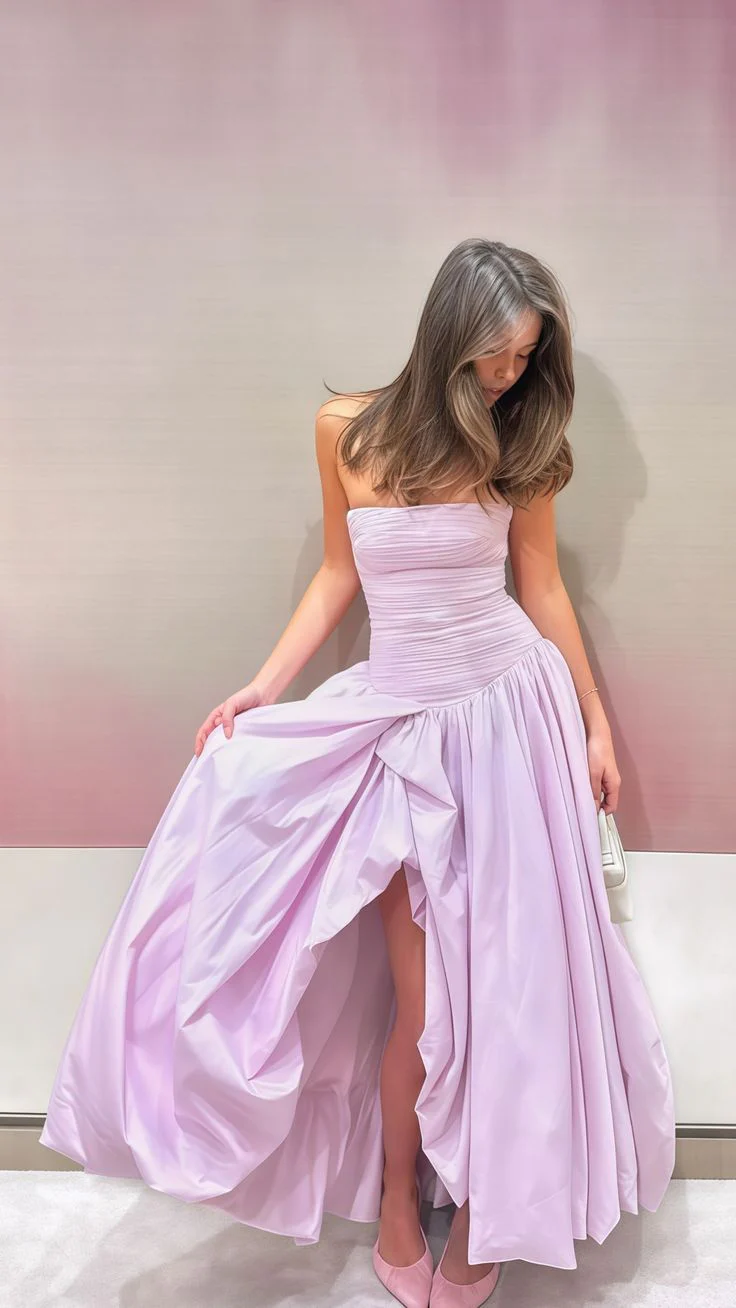 Strapless Black A Line Long Prom Dress With Slit