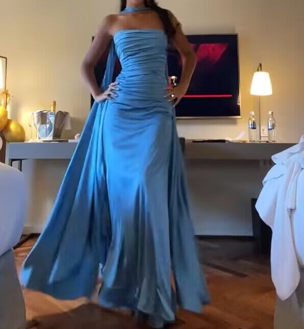 Strapless Blue A Line Satin Long Prom Dress Formal Party Dress