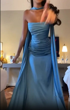 Strapless Blue A Line Satin Long Prom Dress Formal Party Dress