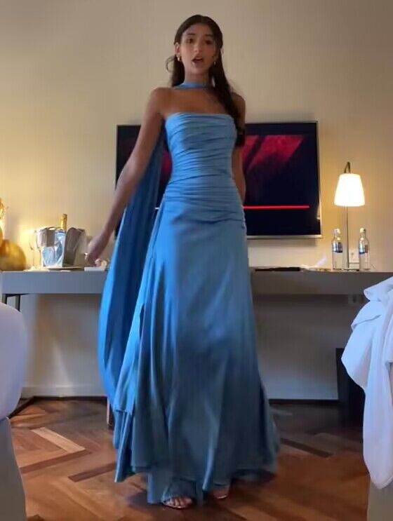 Strapless Blue A Line Satin Long Prom Dress Formal Party Dress Main image
