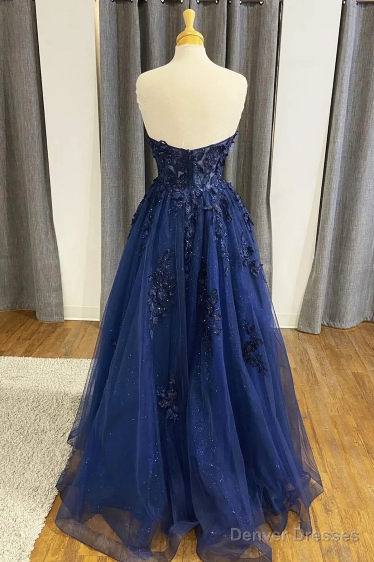 Strapless Blue Lace Long Prom Dresses, Navy Blue Lace Long Formal Evening Dresses Secondary image