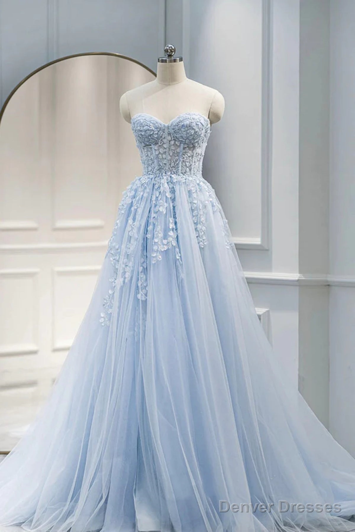 Strapless Blue Lace Prom Dresses, Strapless Blue Lace Long Formal Evening Dresses