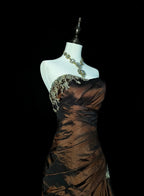 Strapless Brown Vintage Evening Dress, Sleeveless Long Party Gowns