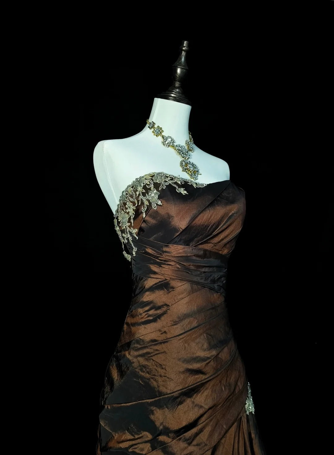 Strapless Brown Vintage Evening Dress, Sleeveless Long Party Gowns
