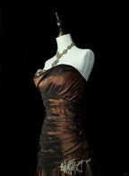 Strapless Brown Vintage Evening Dress, Sleeveless Long Party Gowns