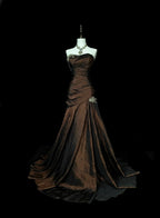 Strapless Brown Vintage Evening Dress, Sleeveless Long Party Gowns