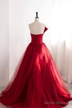 Strapless Burgundy Tulle Satin Long Prom Dresses, Wine Red Long Fomal Gowns