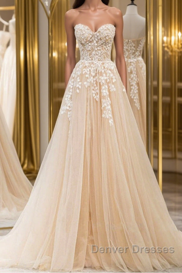 Strapless Champagne Lace Tulle Long Prom Dress, Champagne Lace Formal Evening Dress Main image