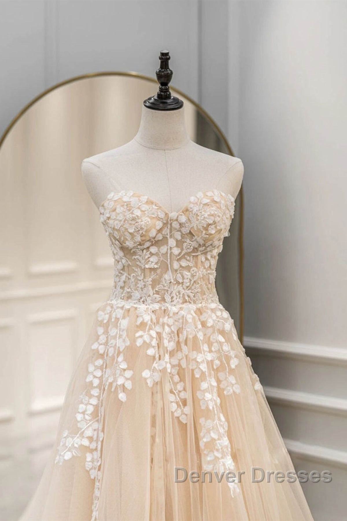 Strapless Champagne Lace Tulle Long Prom Dress, Champagne Lace Formal Evening Dress Secondary image