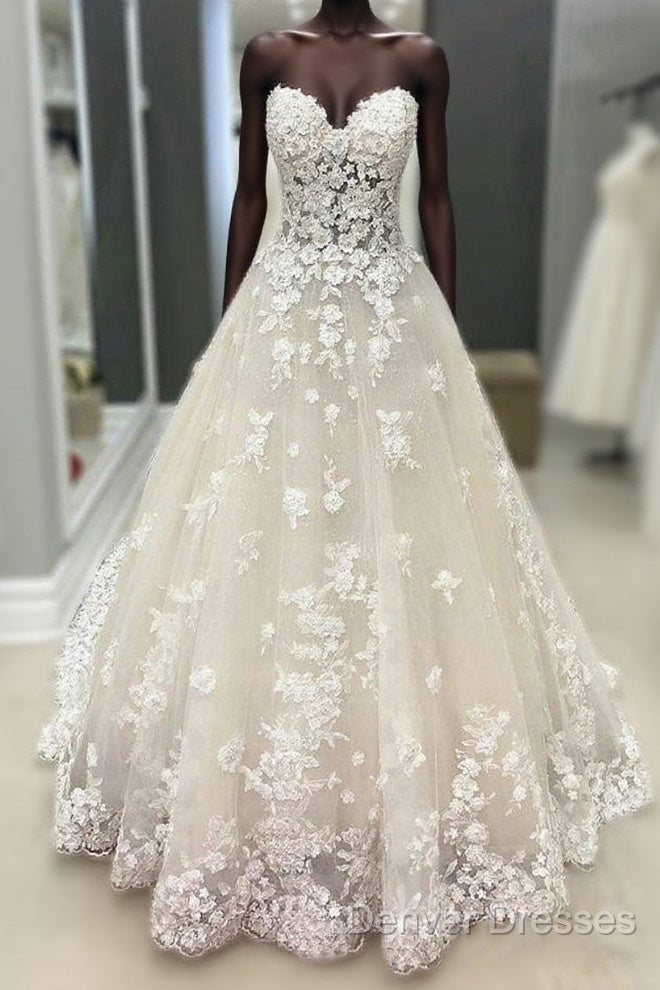 Strapless Champagne Lace Wedding Dress Prom Dress, Formal Gown