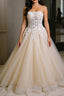 Strapless Champagne Long Prom Dress with Lace Appliques, Champagne Lace Formal Evening Dress
