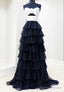 Strapless Chiffon Ruffle Long Prom Dress with Keyhole in Bodice