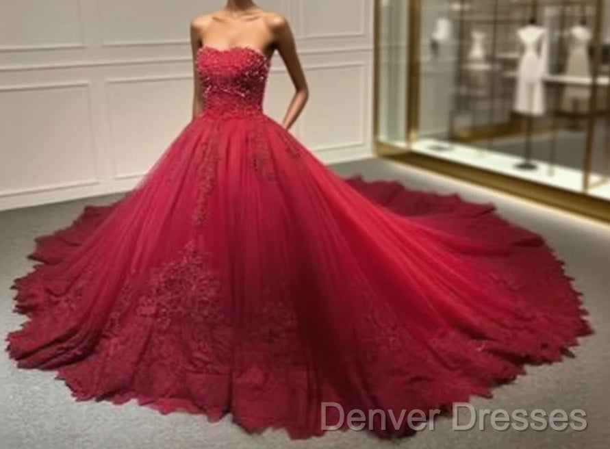 Strapless Dark Red Ball Gown Lace Appliques Pearls Crystals Sequins Beaded Wedding Dress Prom Dress Main image