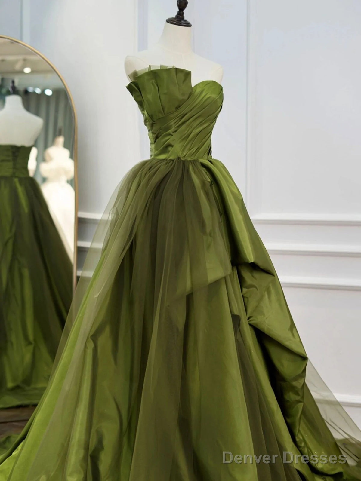 Strapless Green High Low Prom Dresses, High Low Green Long Formal Evening Dresses Main image