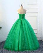 Strapless Green Sequins Tulle Long A Line Beaded Prom Dress, Formal Dress