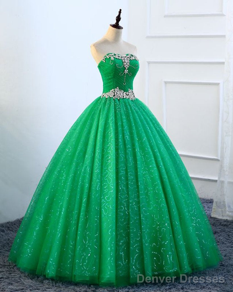 Strapless Green Sequins Tulle Long A Line Beaded Prom Dress, Formal Dress