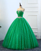 Strapless Green Sequins Tulle Long A Line Beaded Prom Dress, Formal Dress