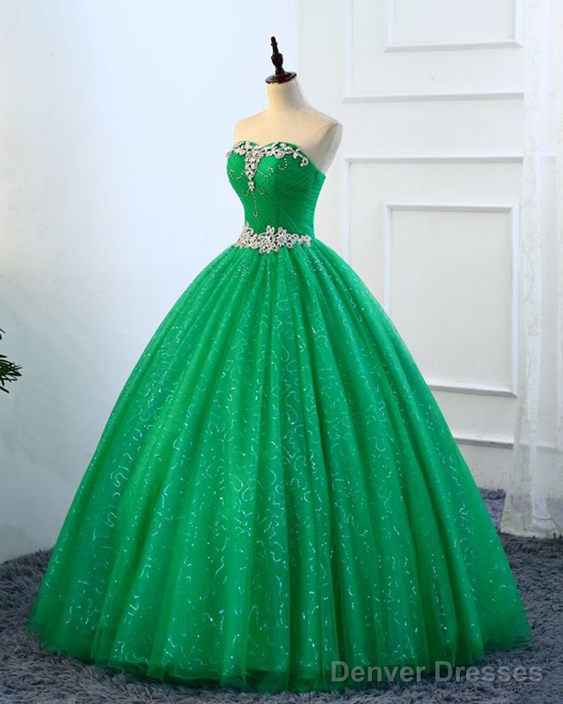 Strapless Green Sequins Tulle Long A Line Beaded Prom Dress, Formal Dress