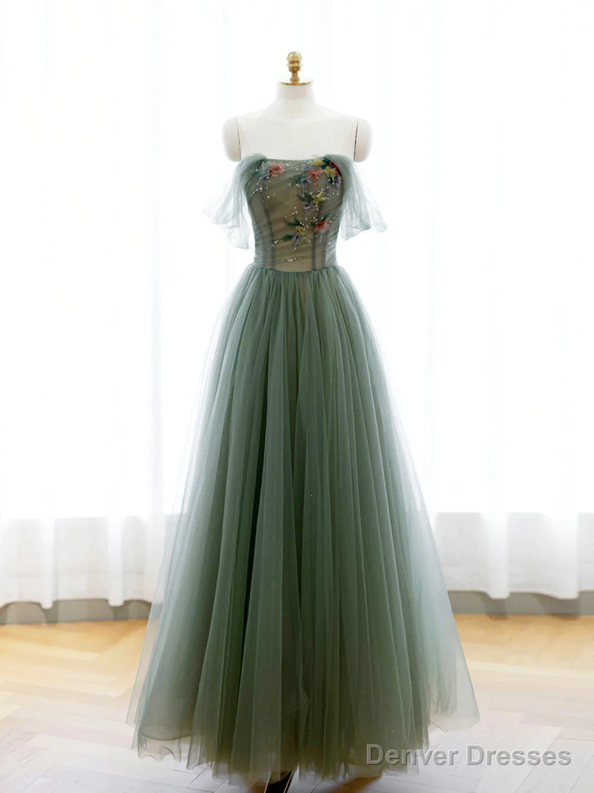 Strapless Green Tulle Floral Long Prom Dresses, Green Tulle Floral Formal Evening Dresses Main image