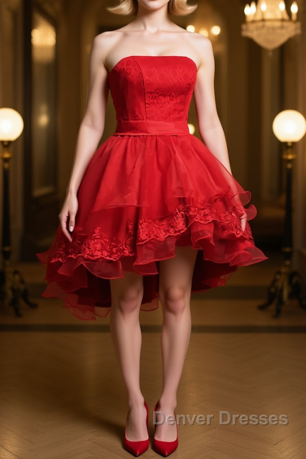 Strapless High Low Red Lace Prom Dress, High Low Red Homecoming Dress, Short Red Lace Formal Graduation Evening Dress
