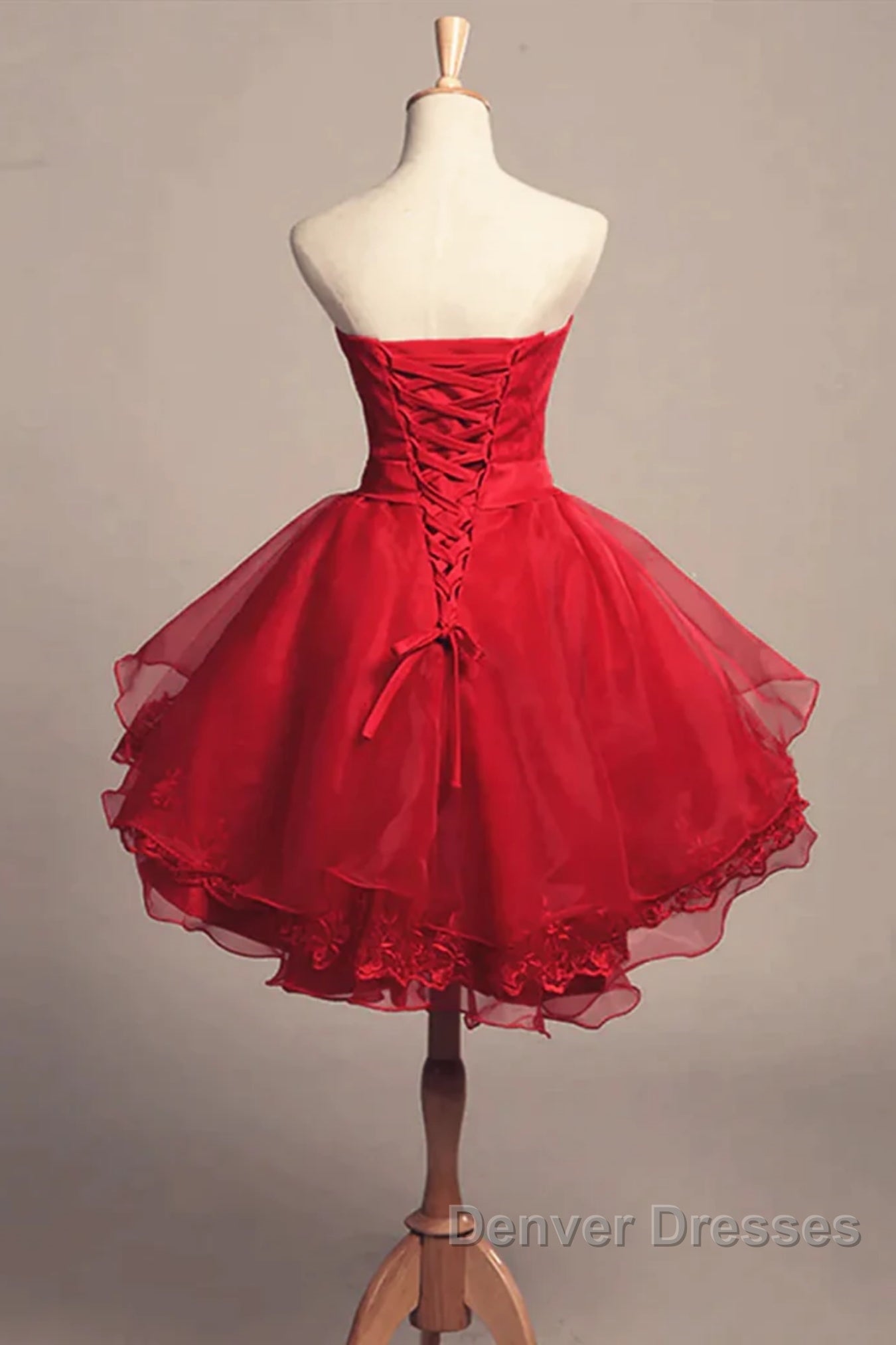 Strapless High Low Red Lace Prom Dress, High Low Red Homecoming Dress, Short Red Lace Formal Graduation Evening Dress Secondary image