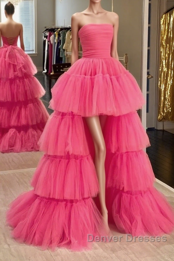 Strapless Hot Pink High Low Prom Dress, Hot Pink High Low Formal Homecoming Dress Main image