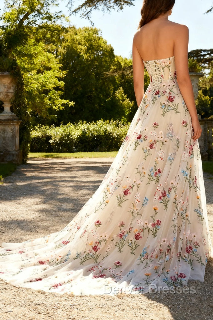 Strapless Ivory Floral A Line Long Prom Dress Secondary image
