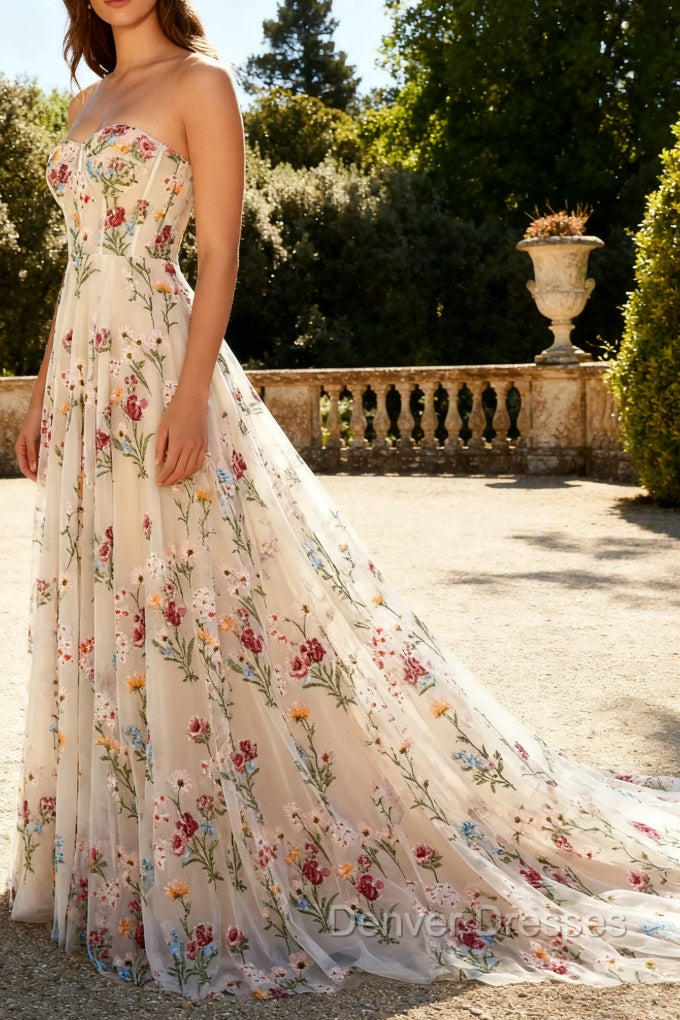 Strapless Ivory Floral A Line Long Prom Dress Main image