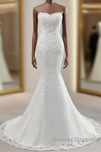 Strapless Lace Appliques Bride Gown Long Mermaid Wedding Gown With Beadings