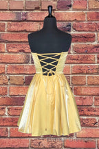 Strapless Lace-Up Yellow Satin Homecoming Dress,Short Cocktail Dress