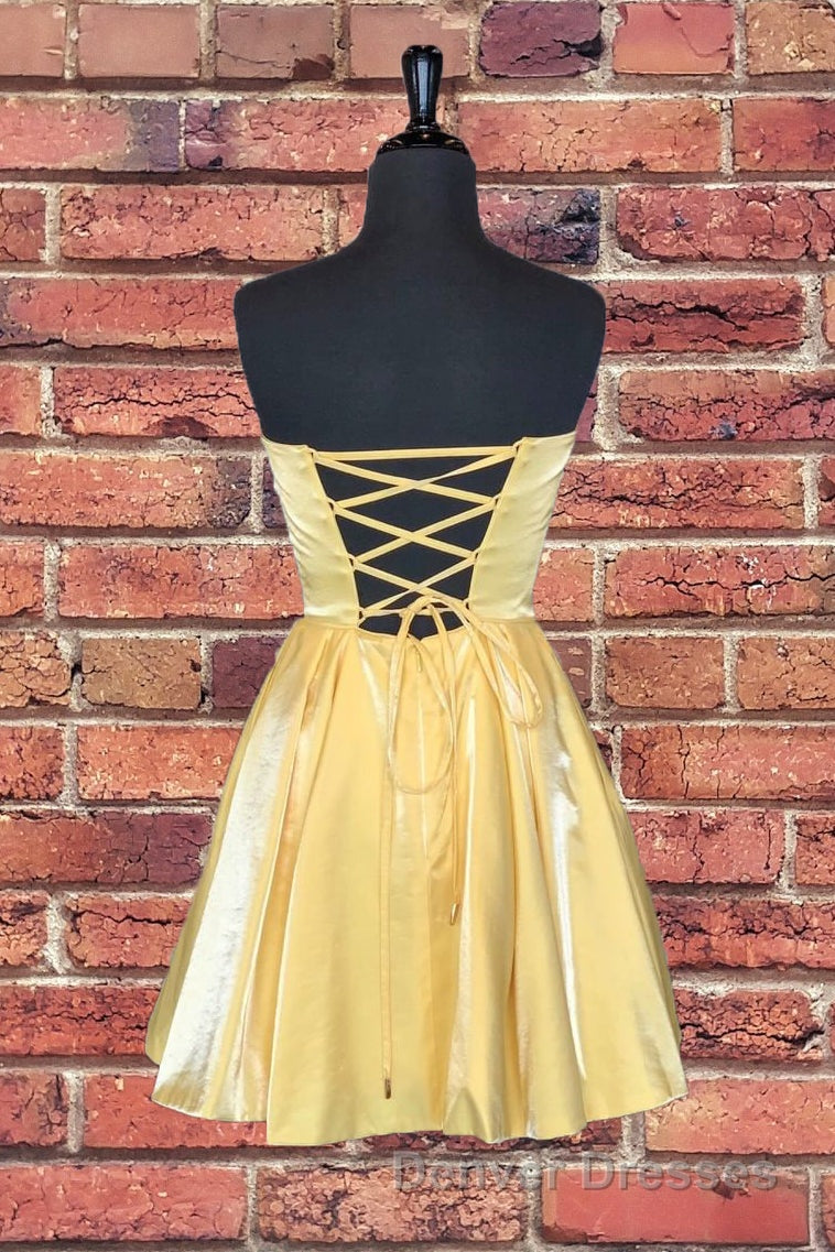 Strapless Lace-Up Yellow Satin Homecoming Dress,Short Cocktail Dress