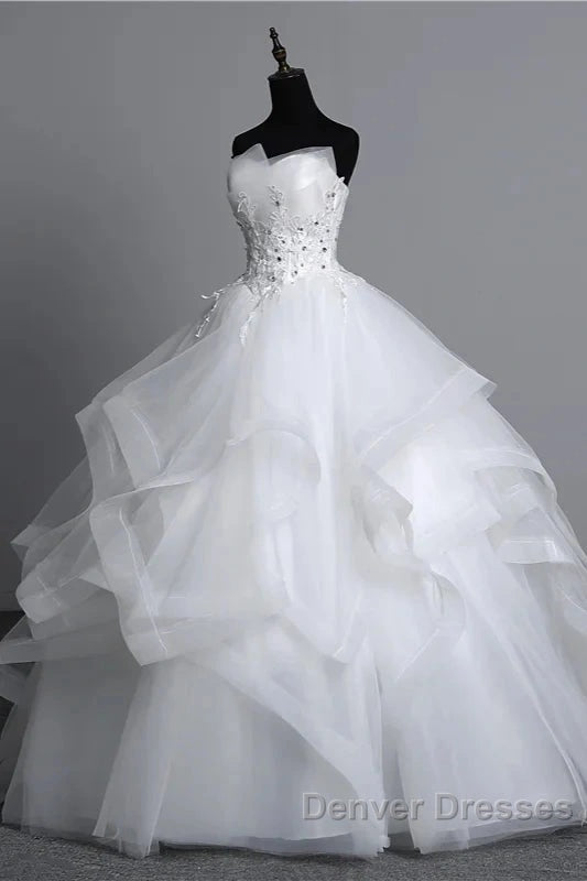 Strapless Layers Wedding Gown With Appliques Beadings