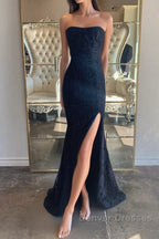 Strapless Mermaid Dark Blue Lace Long Prom Dress, Mermaid Dark Blue Lace Formal Dress, Dark Blue Lace Evening Dress