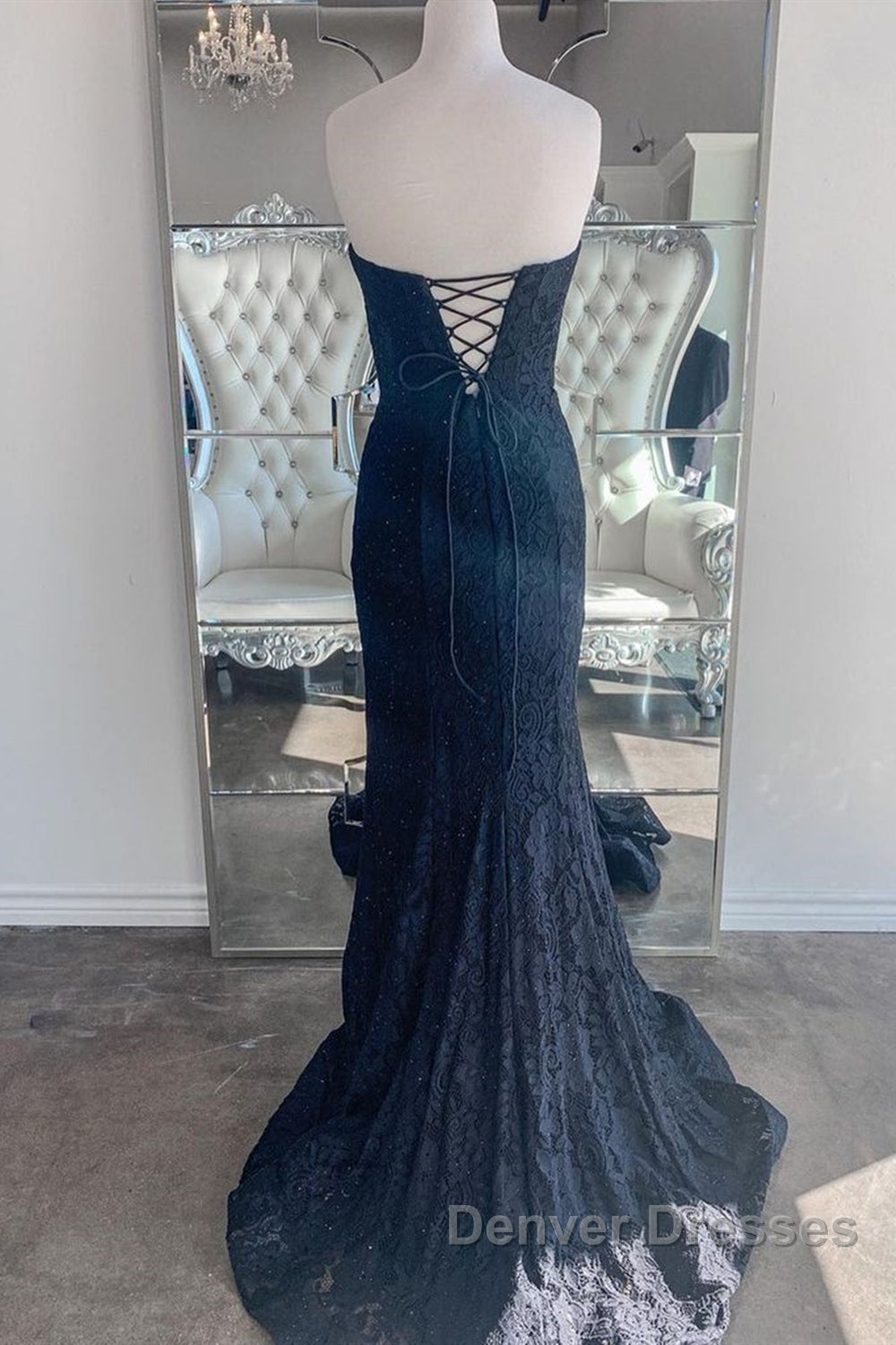 Strapless Mermaid Dark Blue Lace Long Prom Dress, Mermaid Dark Blue Lace Formal Dress, Dark Blue Lace Evening Dress