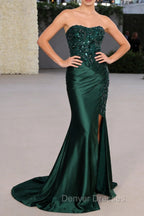 Strapless Mermaid Dark Green Sequin Prom Dress with Slit