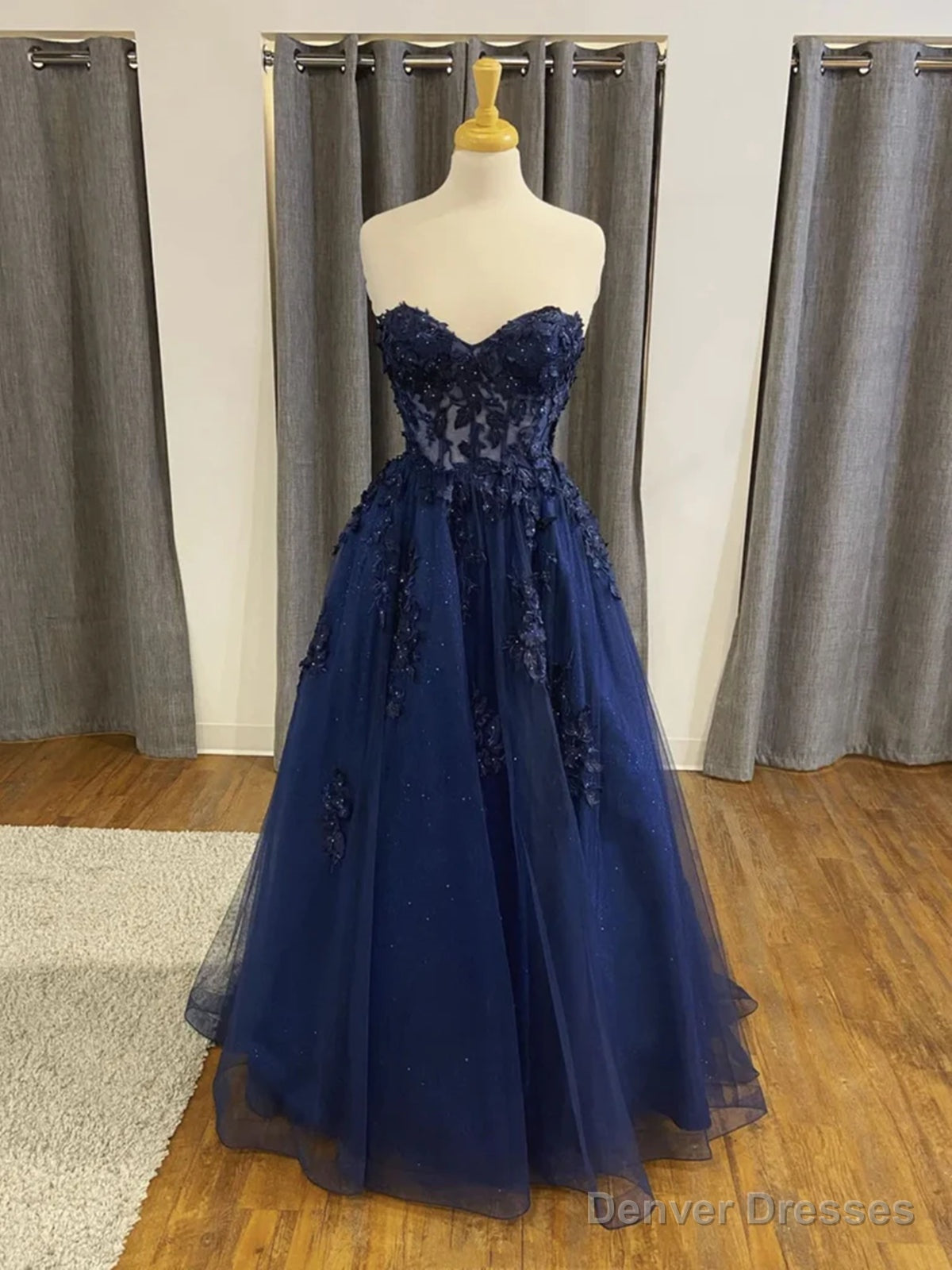 Strapless Navy Blue Beaded Lace Prom Dresses, Navy Blue Lace Formal Evening Dresses Main image