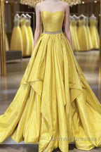 Strapless Open Back Fluffy Yellow Satin Long Prom Dress, Layered Yellow Formal Evening Dress