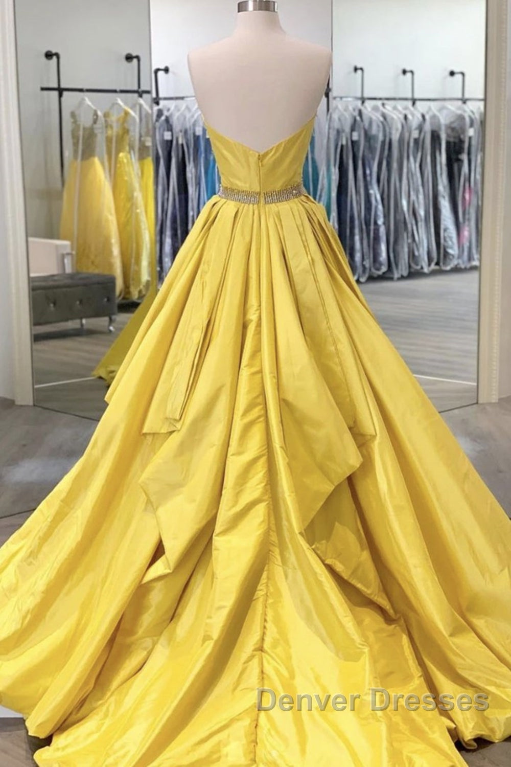 Strapless Open Back Fluffy Yellow Satin Long Prom Dress, Layered Yellow Formal Evening Dress Secondary image