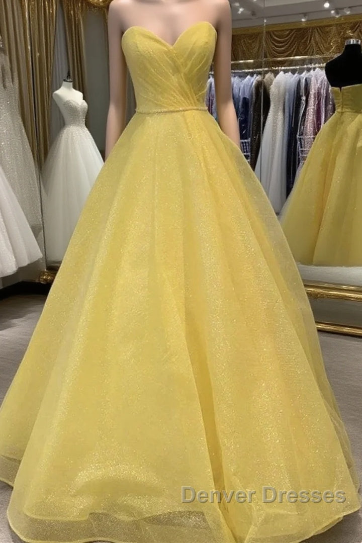 Strapless Open Back Sequins Yellow Prom Dress, Shiny Yellow Formal Graduation Evening Dress
