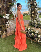 Strapless Orange Layered A Line Long Prom Dress
