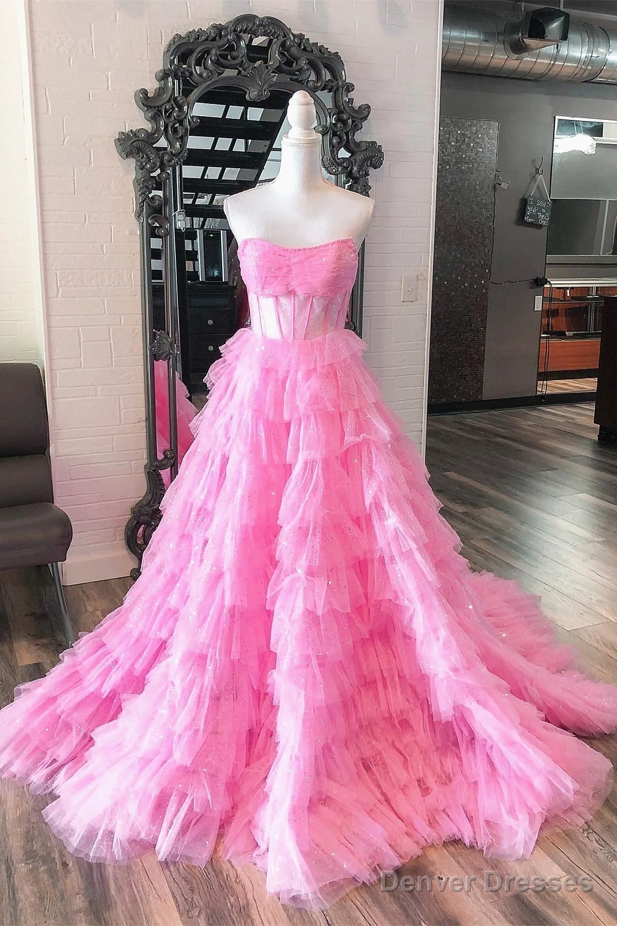 Strapless Pink Black Tulle Long Prom Dresses, Shiny Pink Black Tulle Long Formal Evening Dresses Main image
