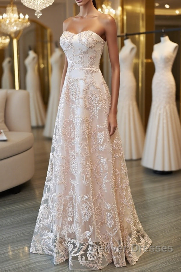 Strapless Pink Lace Long Prom Dress, Pink Lace Formal Graduation Evening Dress Main image