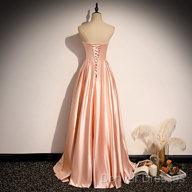 Strapless Pink Satin Long Party Dress Formal Prom Dress