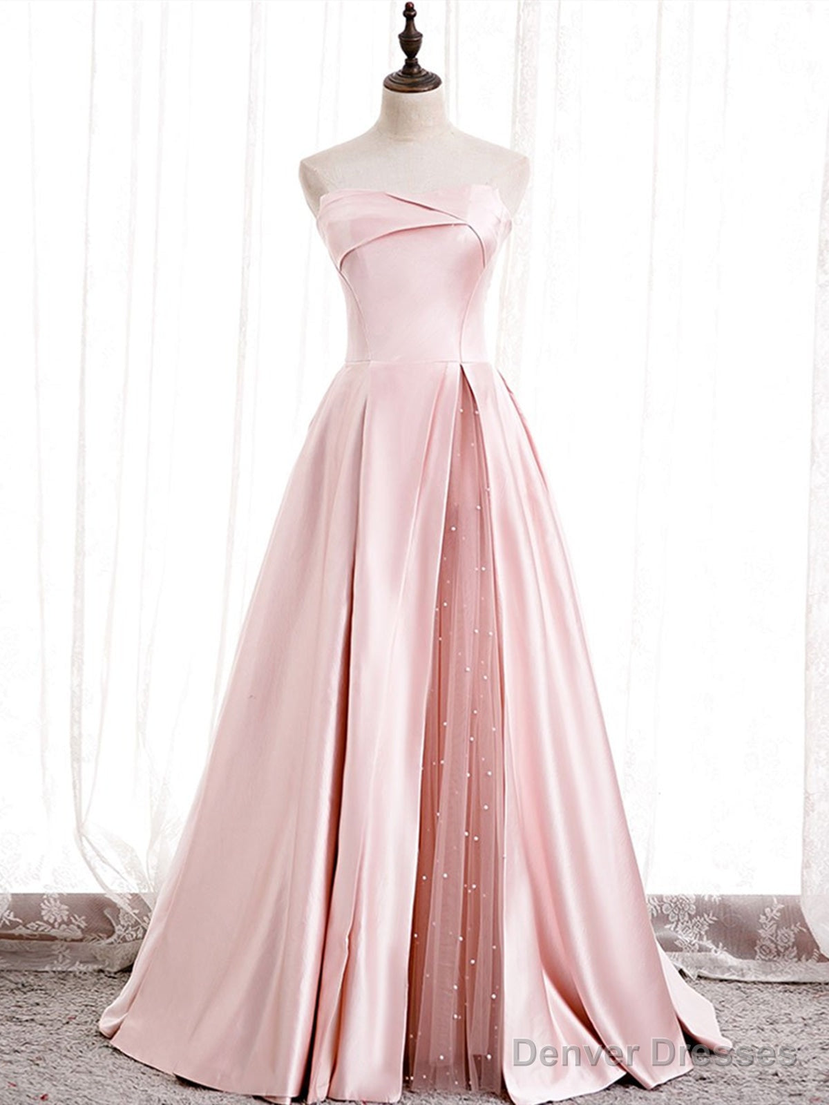 Strapless Pink Satin Prom Dresses, Pink Satin Long Formal Evening Dresses