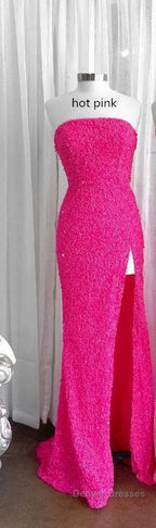 Strapless Pink Sequins Prom Dress with Slit,Sparkly White Night Dress Party Event