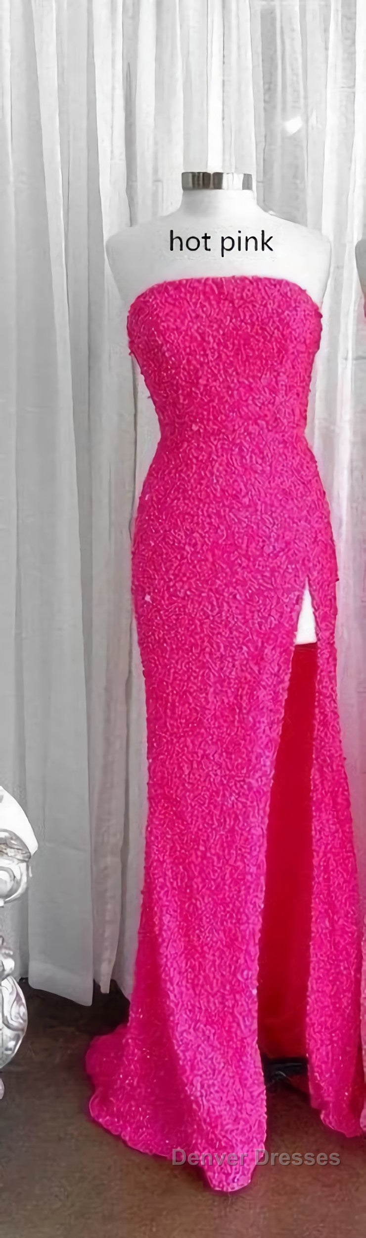 Strapless Pink Sequins Prom Dress with Slit,Sparkly White Night Dress Party Event