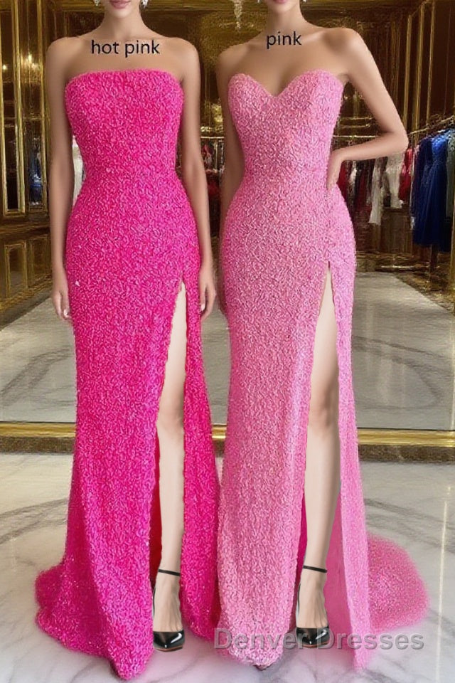 Strapless Pink Sequins Prom Dress with Slit,Sparkly White Night Dress Party Event Main image